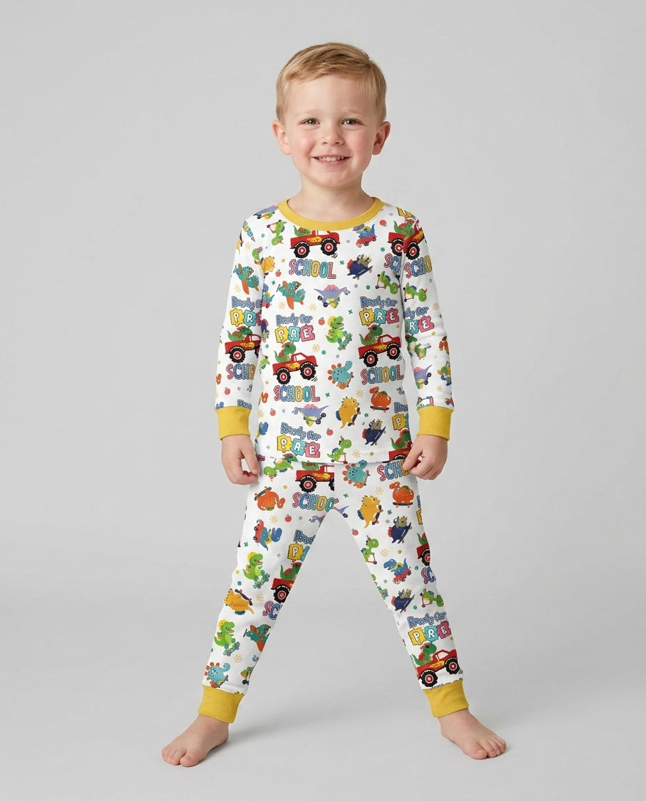 First Day of Preschool T-Rex Bamboo Two Piece Long Sleeve Pajama Set