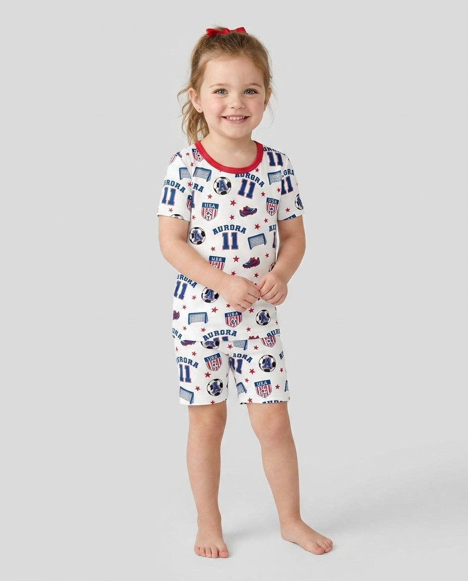 Custom Name Soccer Time Bamboo Two Piece Short Sleeve Shorts Pajama Set