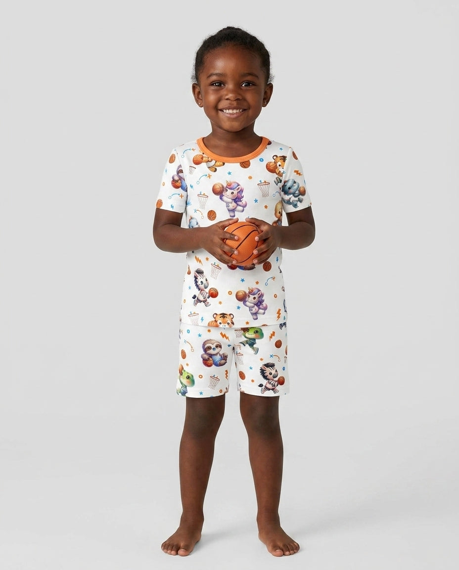 Cartoon Basketball Animals Bamboo Two Piece Short Sleeve Shorts Pajama Set