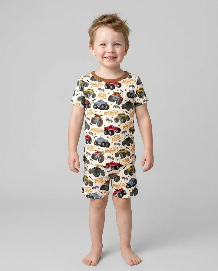 Vroom Vroom Monster Truck Bamboo Two Piece Short Sleeve Shorts Pajama Set