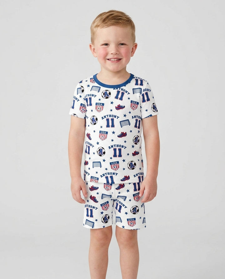 Custom Name Soccer Time Bamboo Two Piece Short Sleeve Shorts Pajama Set