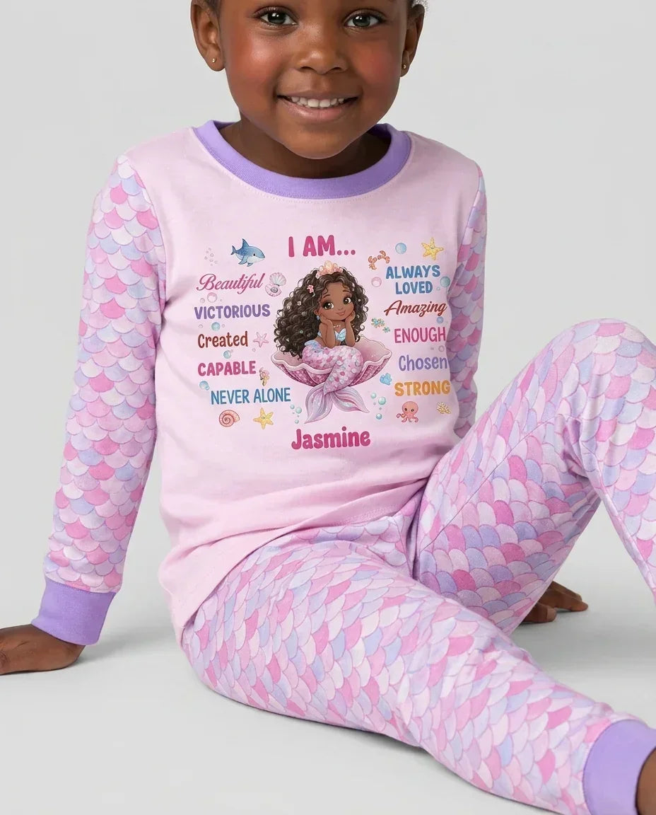 Custom Name Black Mermaid I Am Beautiful Bamboo Two Piece Long Sleeve Pajama Set