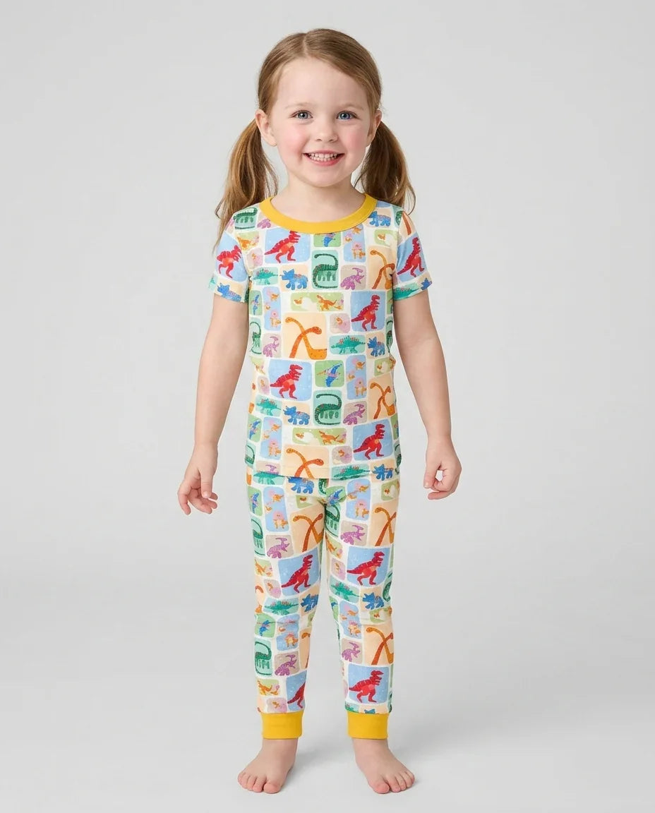 Rainbow Dino Friends Family Matching Bamboo Two Piece Short Sleeve Pajama Set