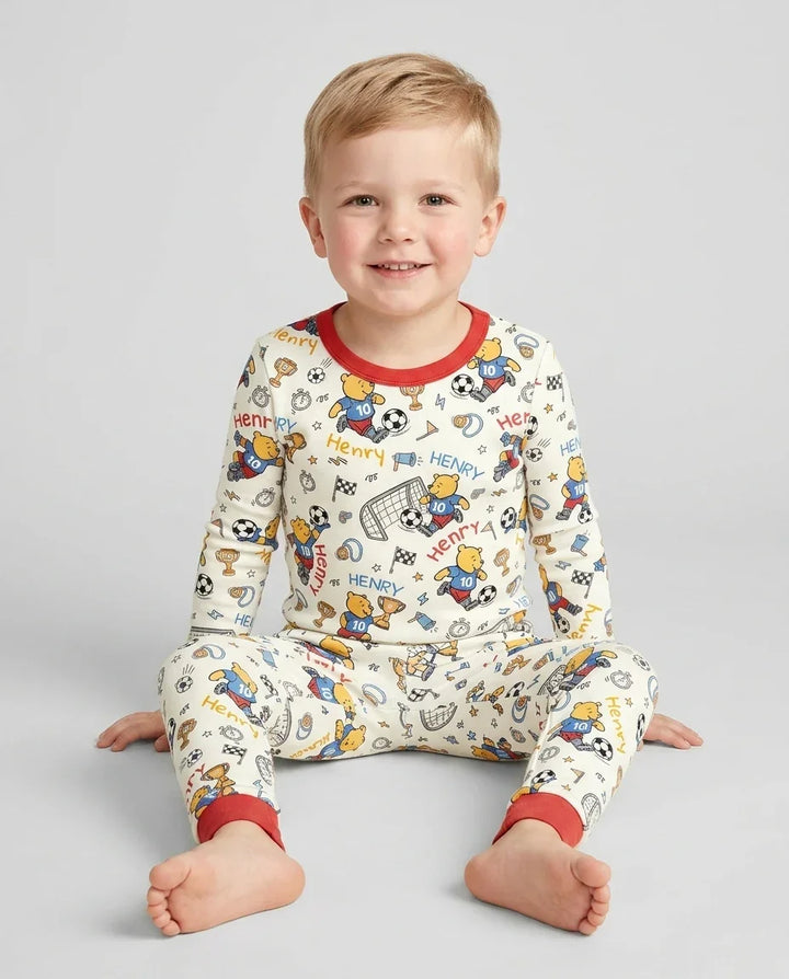 Personalized Classic Bear World Soccer Bamboo Two Piece Long Sleeve Pajama Set