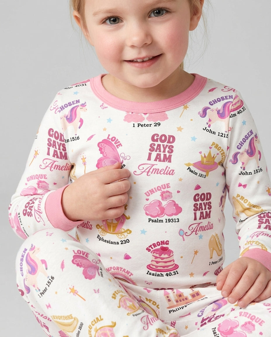 God Says I Am Custom Name - Dreamy Princess Bamboo Two Piece Long Sleeve Pajama Set