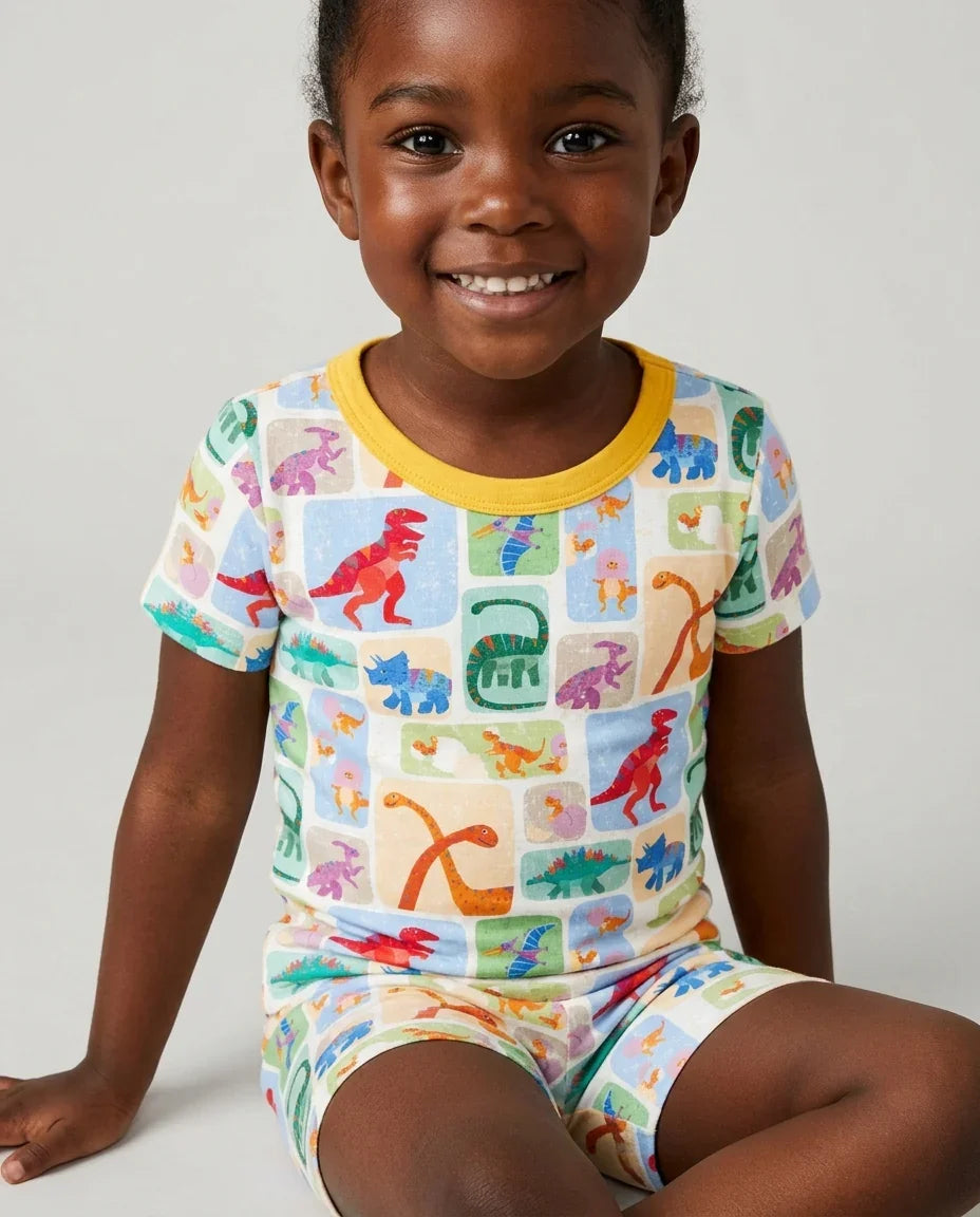 Rainbow Dino Friends Family Matching Bamboo Two Piece Short Sleeve Shorts Pajama Set
