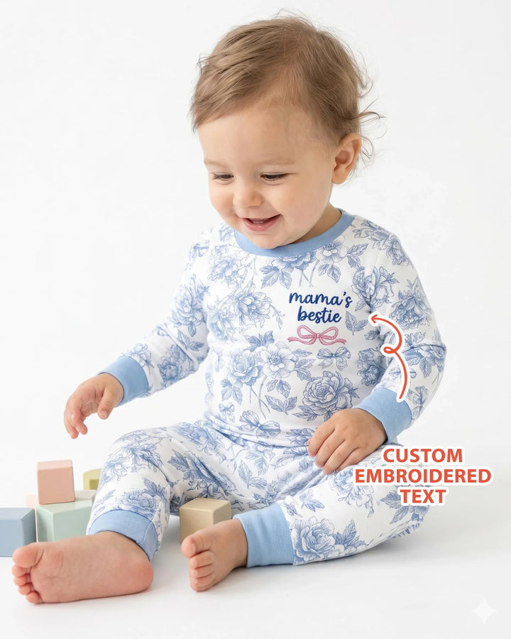 Custom Embroidered Mommy and Me Toile Matching Bamboo Two Piece Long Sleeve Pajama Set