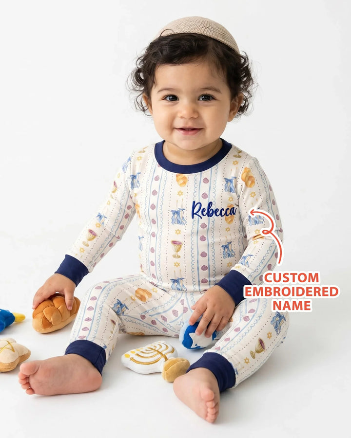 Custom Embroidered Name Shabbat Matching With Mom Bamboo Two Piece Long Sleeve Pajama Set