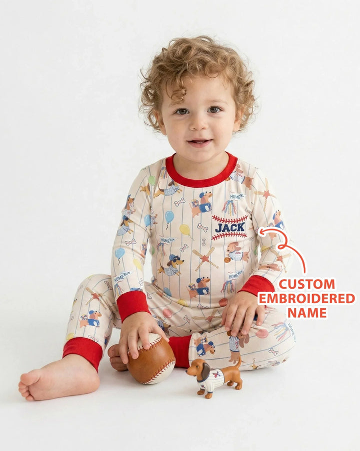 Personalized Embroidered Name Dachshund Baseball Bamboo Two Piece Long Sleeve Pajama Set