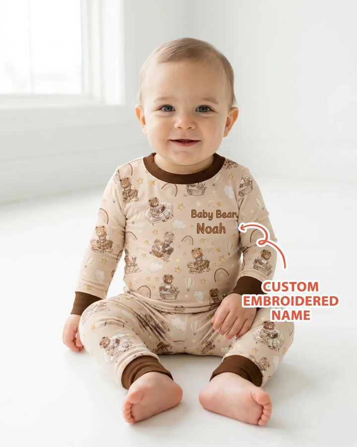 Custom Embroidered Name Mama Bear and Baby Bear Bamboo Two Piece Long Sleeve Pajama Set