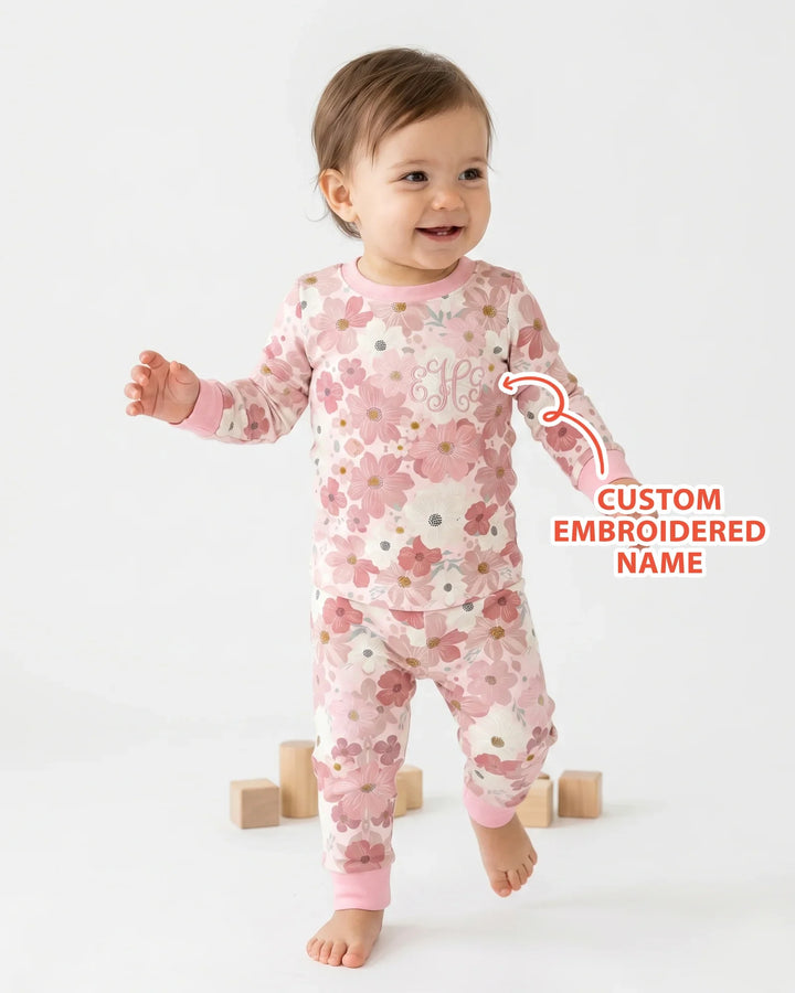 Custom Embroidered Name Floral Bamboo Two Piece Long Sleeve Pajama Set