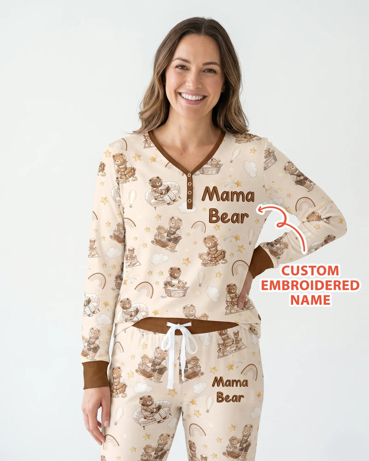Embroidered Mama Bear and Baby Bear Bamboo Women Pajama Set