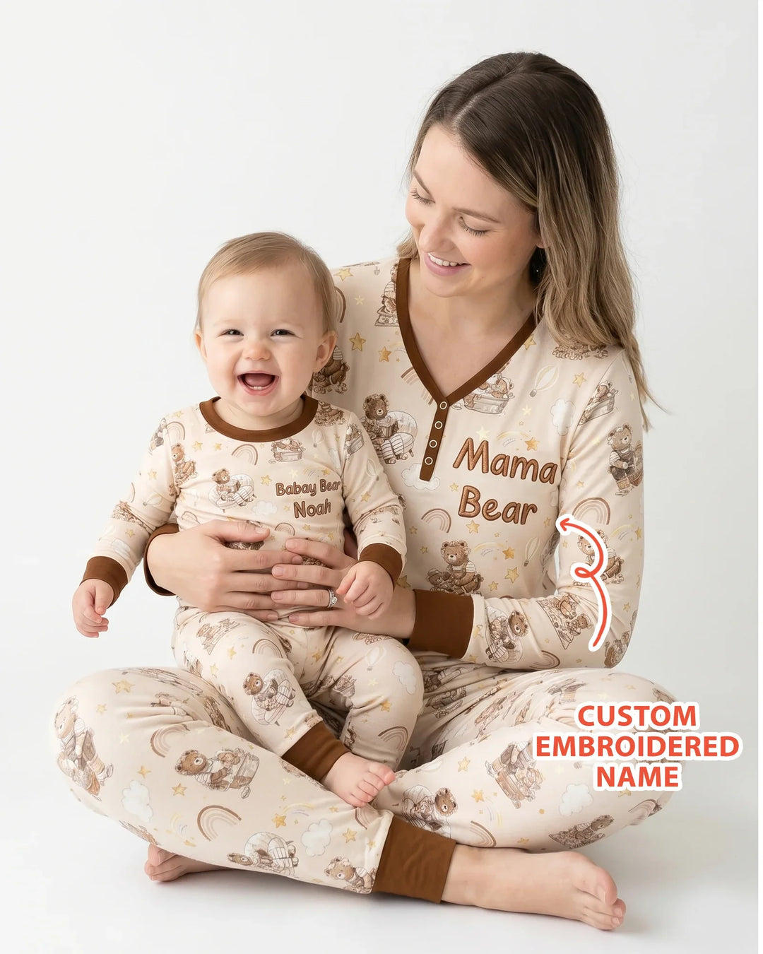 Embroidered Mama Bear and Baby Bear Bamboo Women Pajama Set