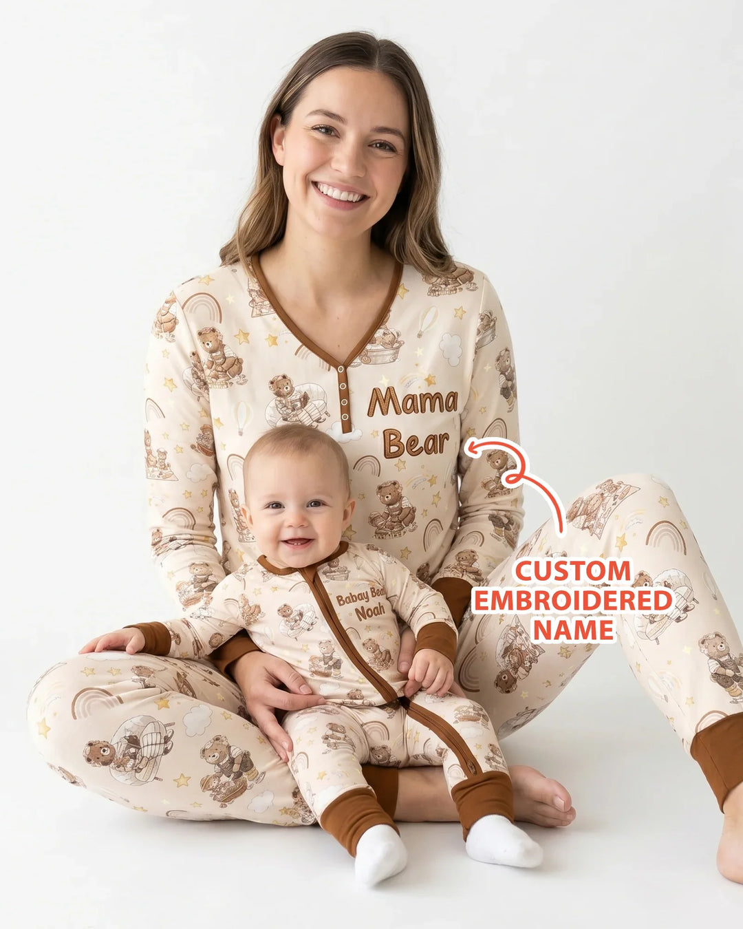 Embroidered Mama Bear and Baby Bear Bamboo Women Pajama Set