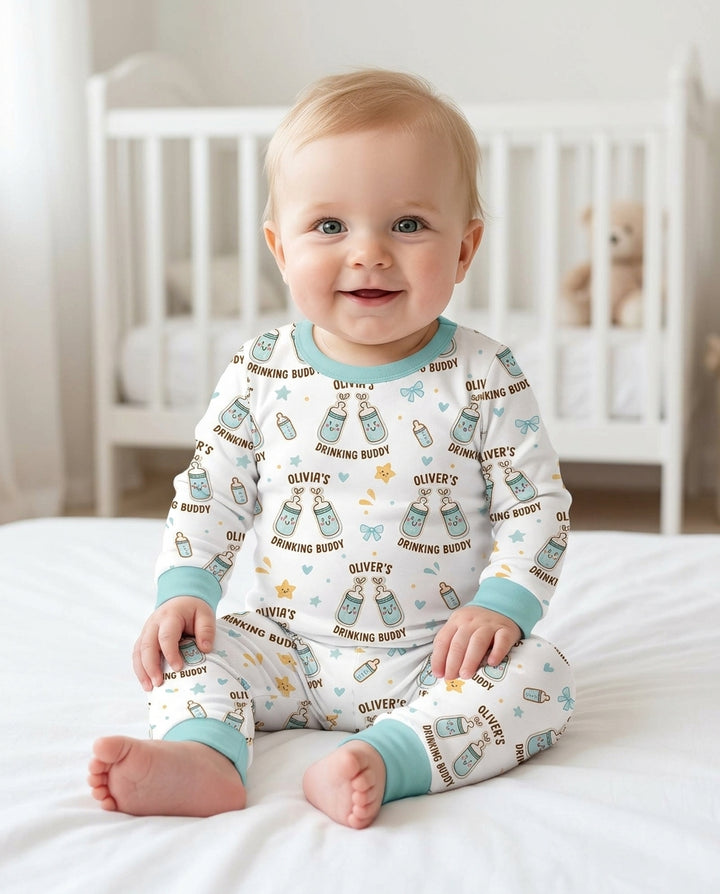 Custom Name Twin Drinking Buddies Bamboo Two Piece Long Sleeve Pajama Set