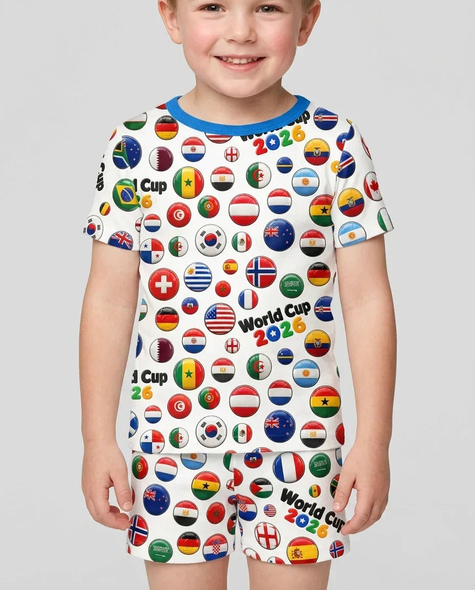 Soccer Cup All Country Balls Bamboo Two Piece Short Sleeve Shorts Pajama Set
