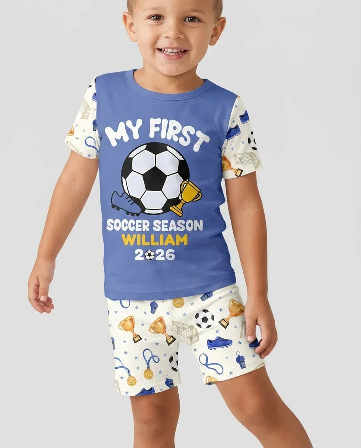Custom Name My First Soccer Season Bamboo Two Piece Short Sleeve Shorts Pajama Set