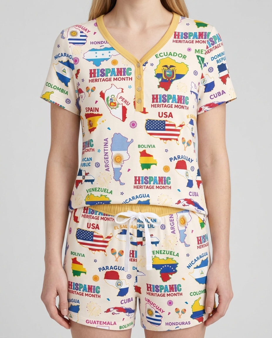 Hispanic Heritage Month Country Flags Bamboo Women Short Sleeve Short Pajama Set