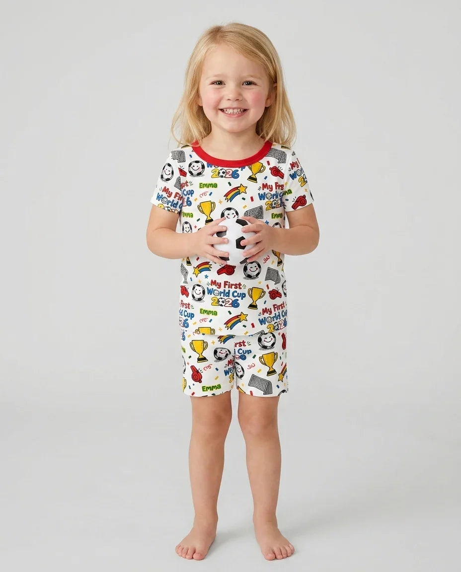 Custom Name My First Soccer Cup Bamboo Two Piece Short Sleeve Shorts Pajama Set