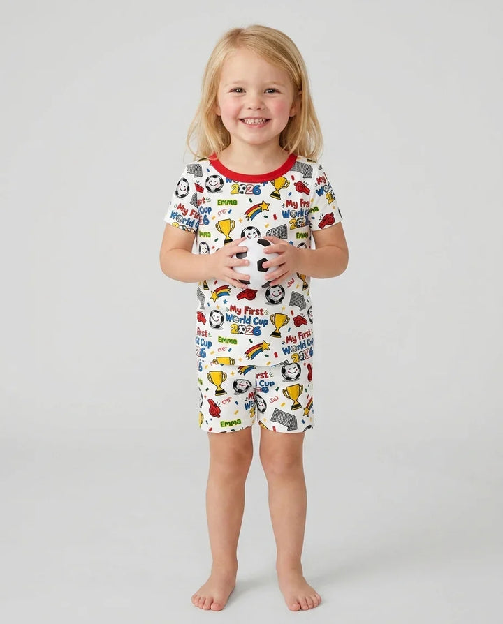 Custom Name My First Soccer Cup Bamboo Two Piece Short Sleeve Shorts Pajama Set