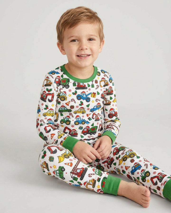 Excavator Christmas Trucks Bamboo Two Piece Long Sleeve Pajama Set