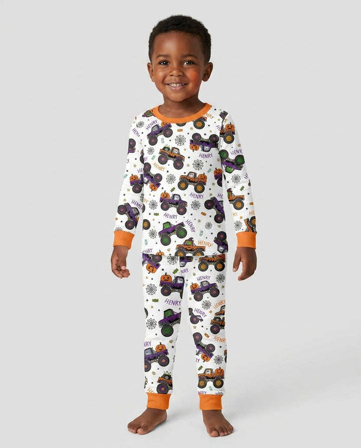 Custom Name Halloween Monster Truck Bamboo Two Piece Long Sleeve Pajama Set