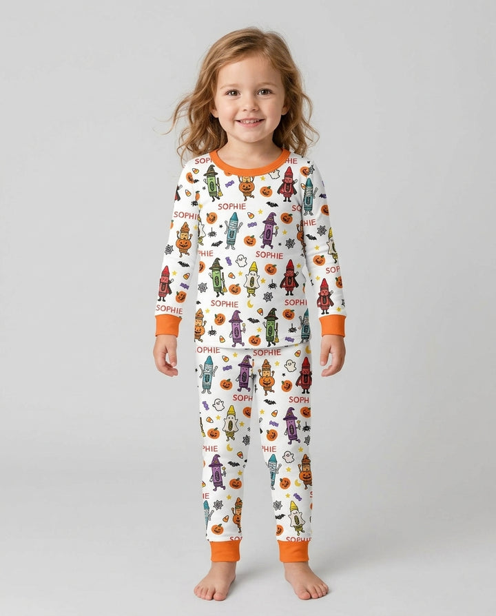 Custom Name Halloween Crayon Bamboo Two Piece Long Sleeve Pajama Set