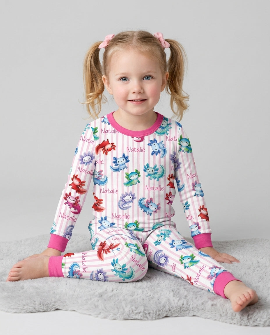 Cute Axololt Custom Name Bamboo Two Piece Long Sleeve Pajama Set