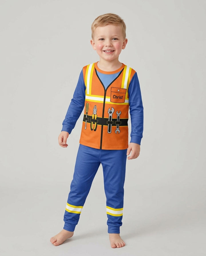 Construction Worker Custom Name Bamboo Two Piece Long Sleeve Pajama Set
