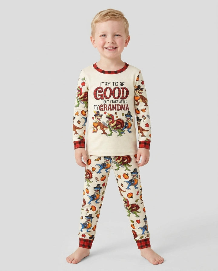Dinosaur I Try To Be Good But I Take After My Grandma Bamboo Two Piece Long Sleeve Pajama Set