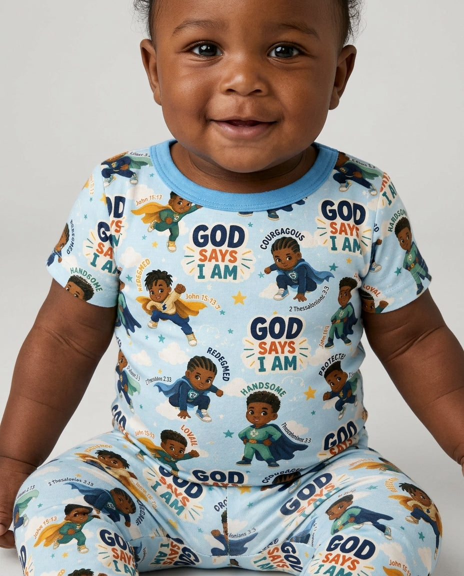 God Says I Am Black Superheroes Bamboo Two Piece Short Sleeve Pajama Set