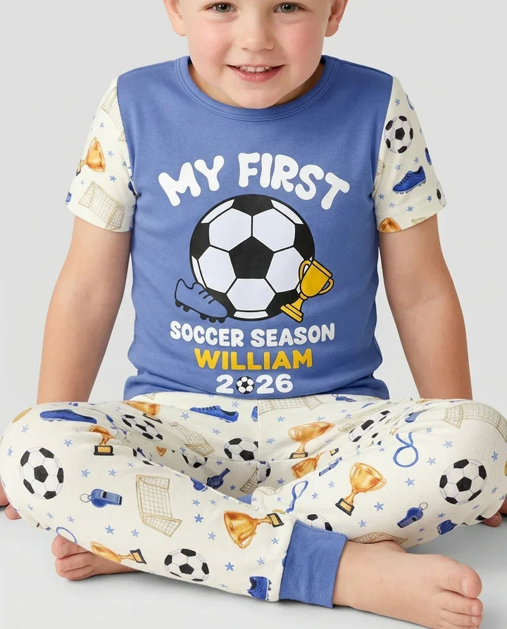 Custom Name My First Soccer Season Bamboo Two Piece Short Sleeve Pajama Set
