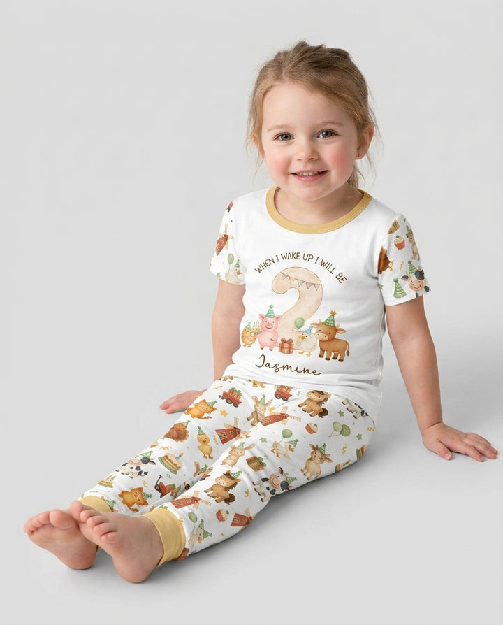 Personalized Farm Animals When I Wake Up I Will Be Birthday Bamboo Two Piece Short Sleeve Pajama Set