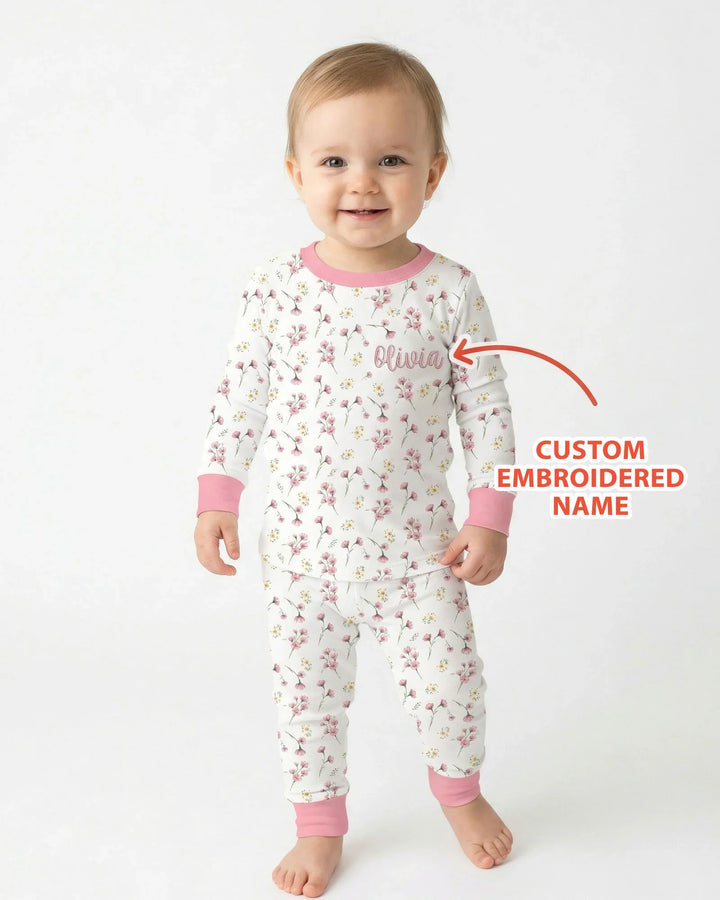 Custom Embroidered Name Floral Whispers Bamboo Two Piece Long Sleeve Pajama Set