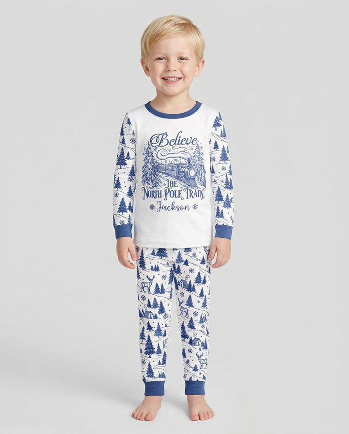 Custom Name North Pole Train Bamboo Two Piece Long Sleeve Pajama Set