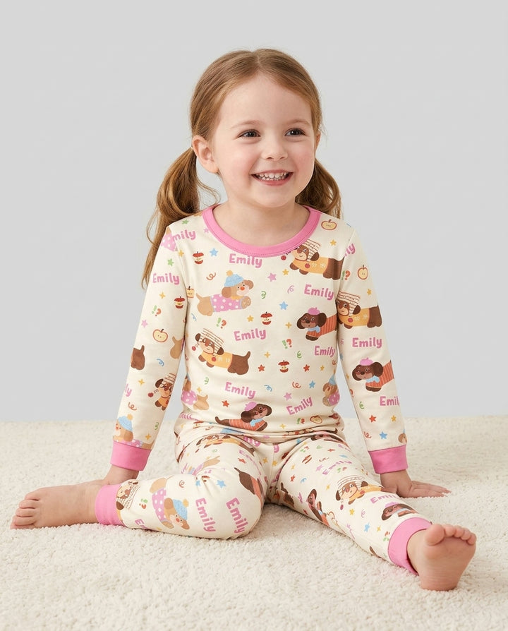 Cute Cozy Puppy Bamboo Two Piece Long Sleeve Pajama Set