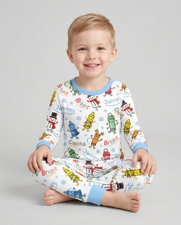 Custom Name Bright & Colorful Bamboo Two Piece Long Sleeve Pajama Set