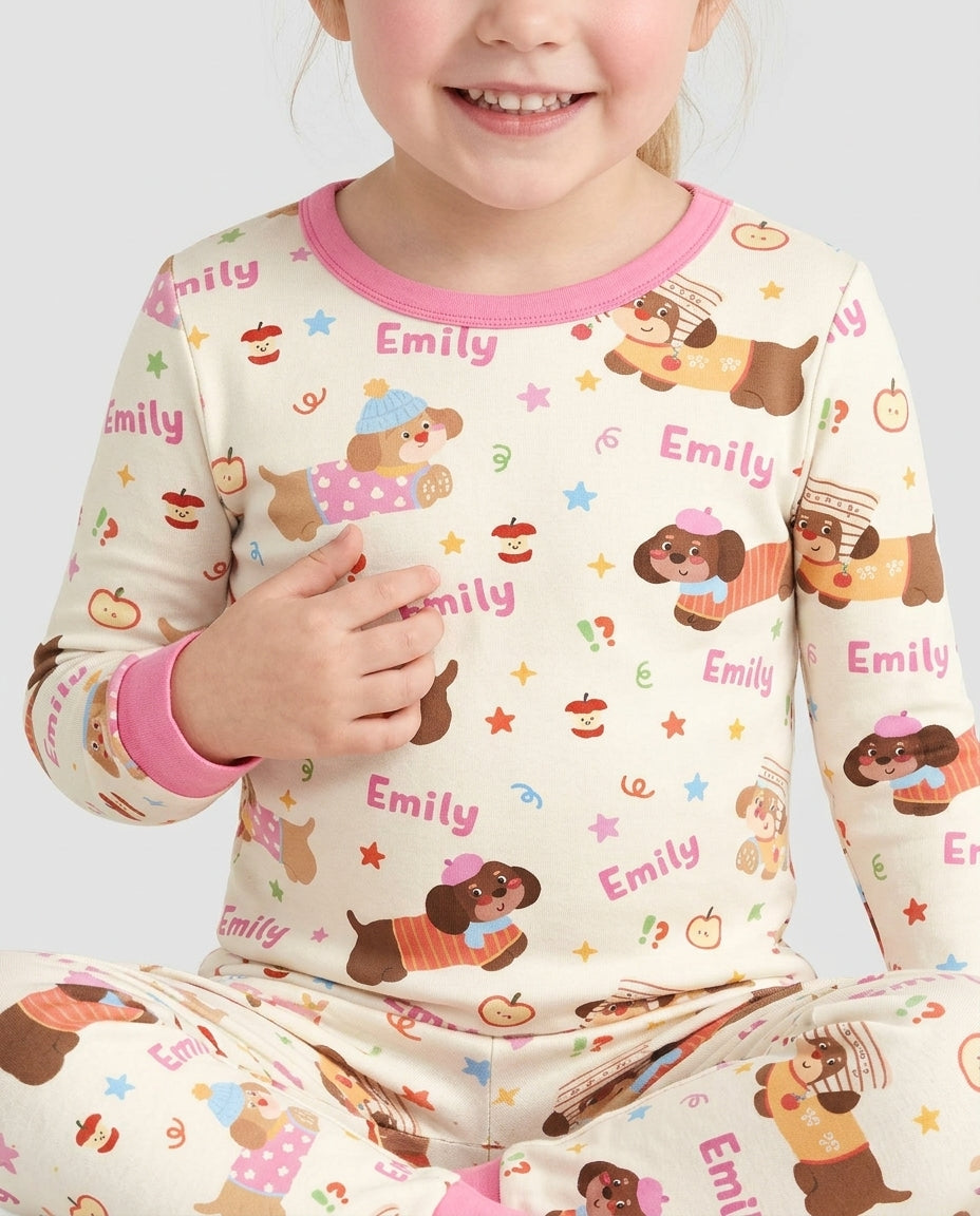 Cute Cozy Puppy Bamboo Two Piece Long Sleeve Pajama Set