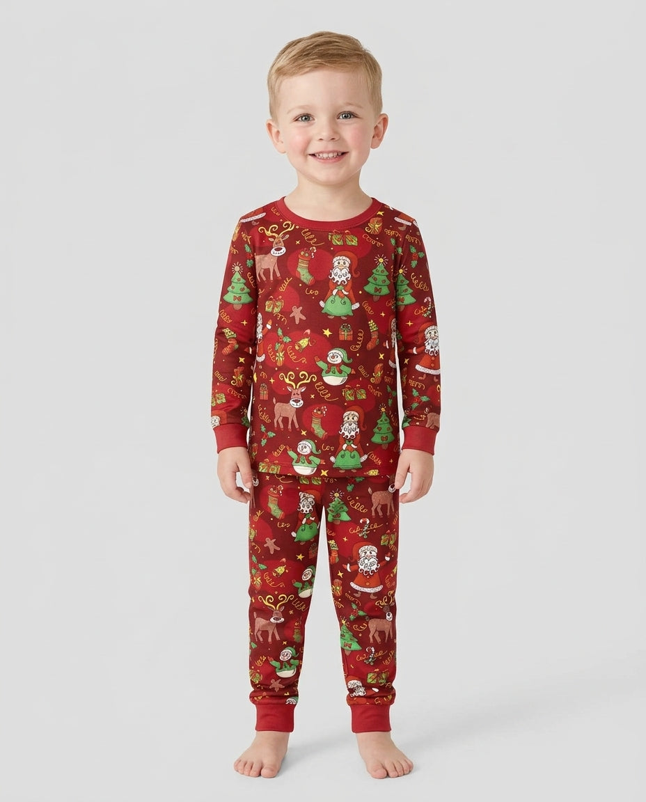 Santa Reindeer Snowflakes Bamboo Two Piece Long Sleeve Pajama Set