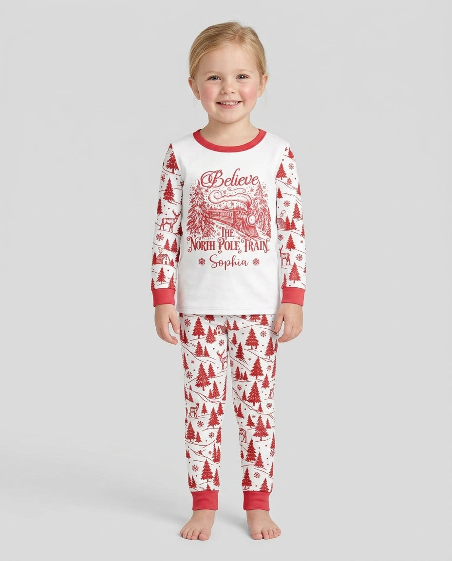 Custom Name North Pole Train Bamboo Two Piece Long Sleeve Pajama Set