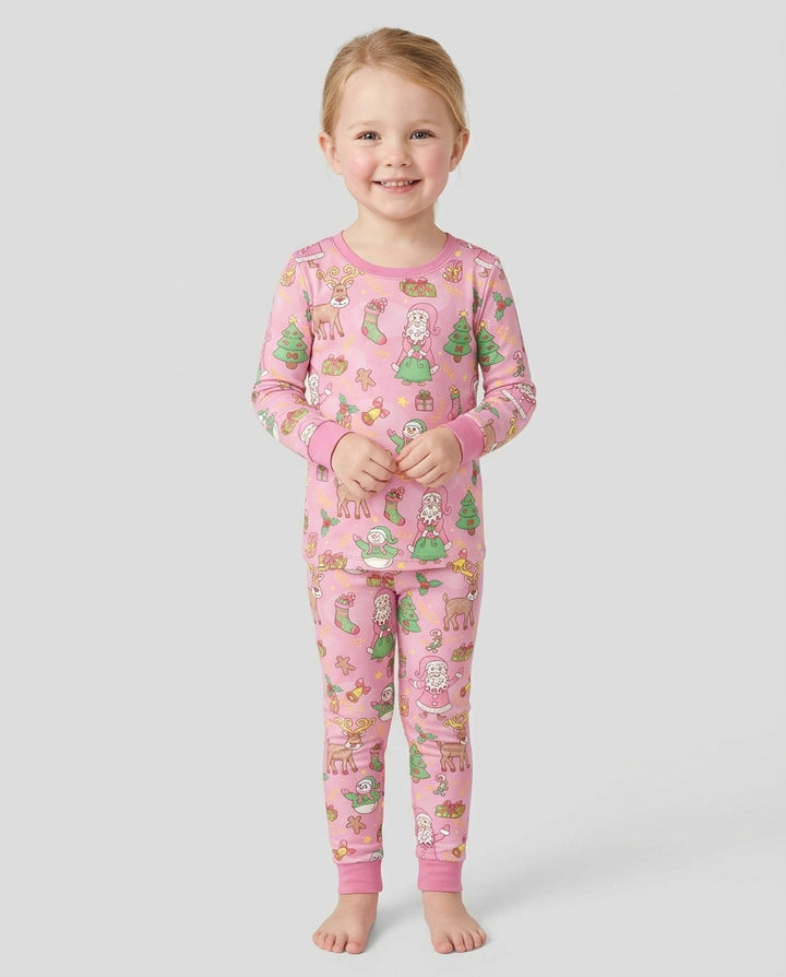 Santa Reindeer Snowflakes Bamboo Two Piece Long Sleeve Pajama Set