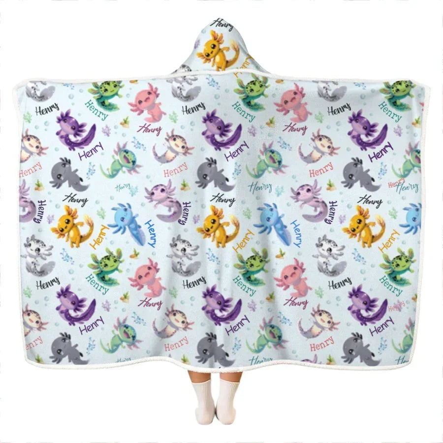 I Love You Axolotl Custom Name Bamboo Wearable Hooded Blanket
