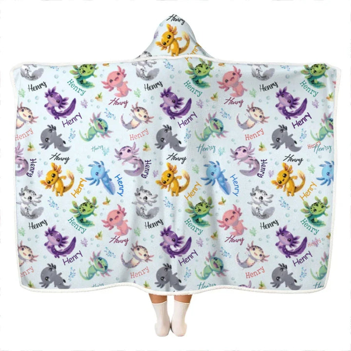 I Love You Axolotl Custom Name Bamboo Wearable Hooded Blanket
