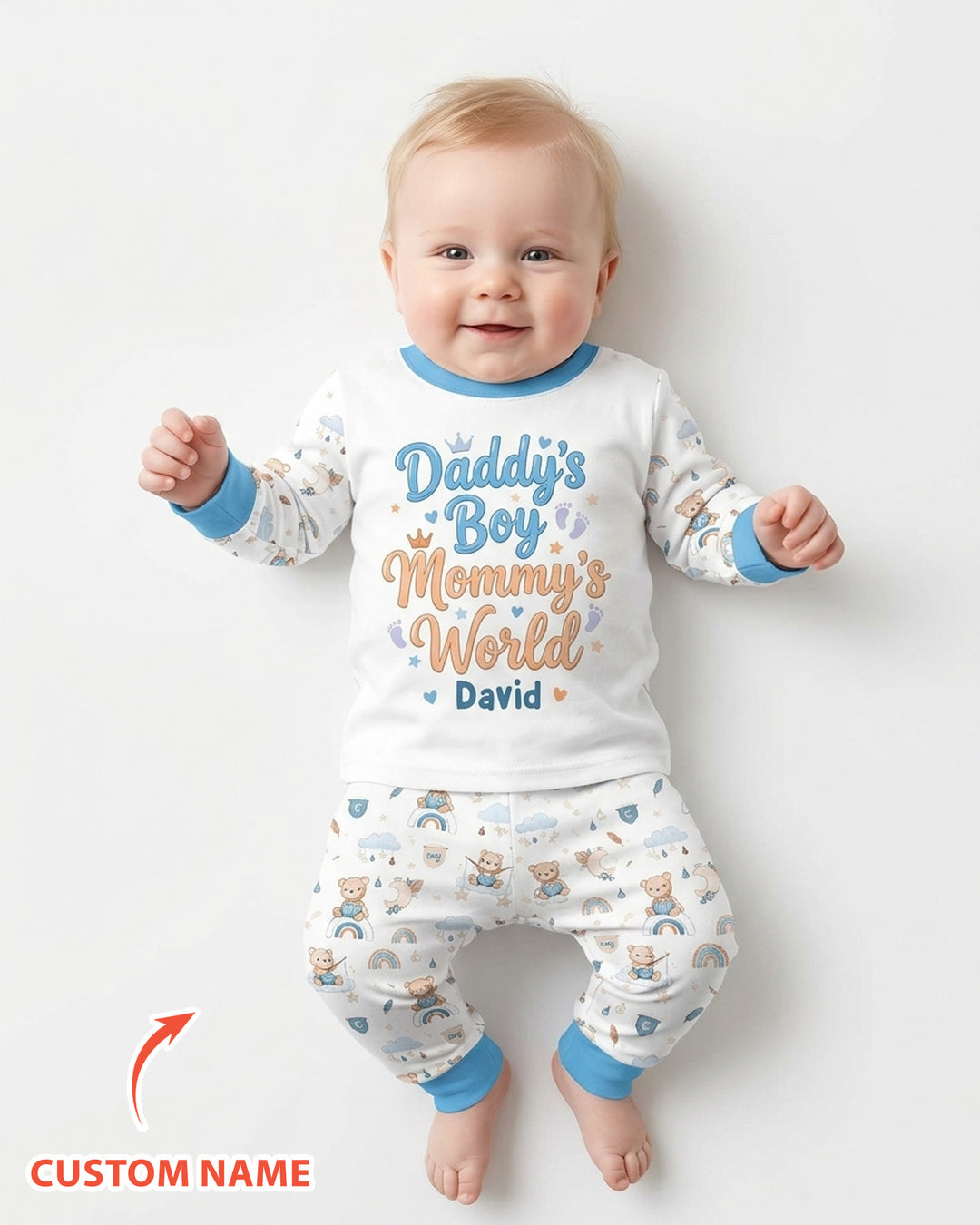 Custom Name Daddy' Boy Mommy' World Bamboo Two Piece Long Sleeve Pajama Set