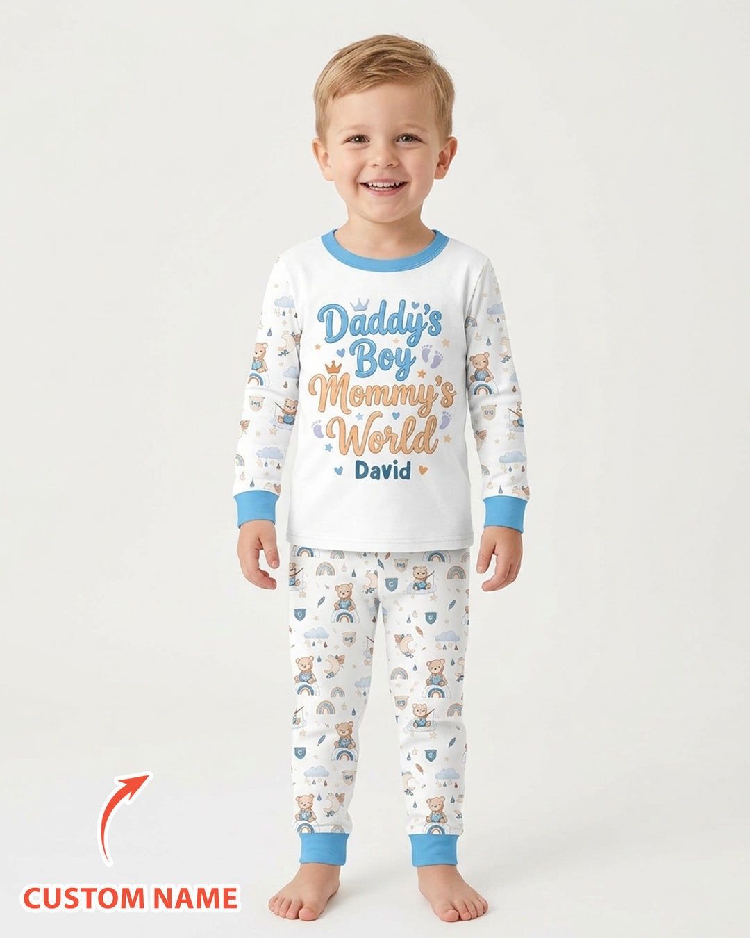 Custom Name Daddy' Boy Mommy' World Bamboo Two Piece Long Sleeve Pajama Set