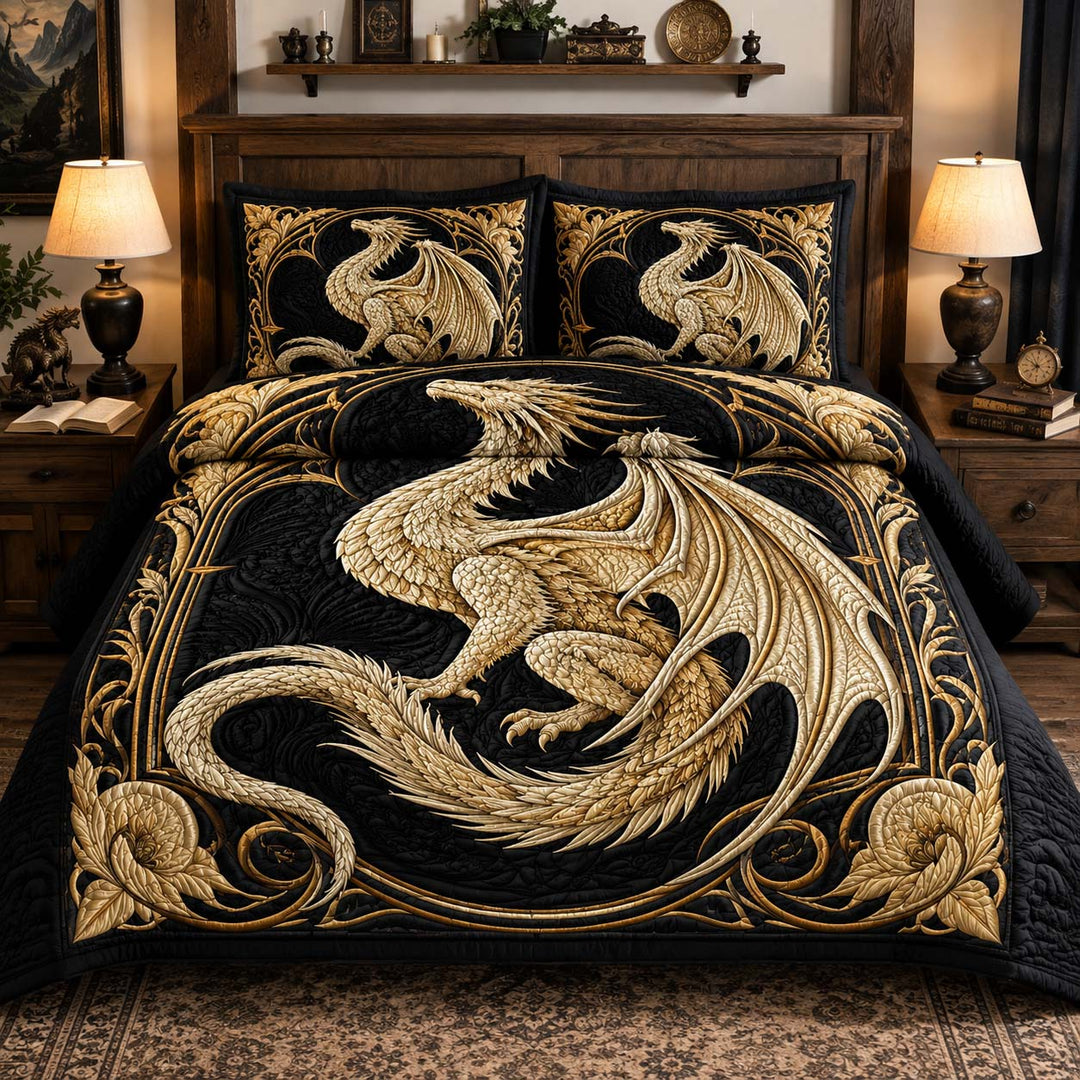 Ivory Gothic Dragon Bamboo Quilt Bedding Set