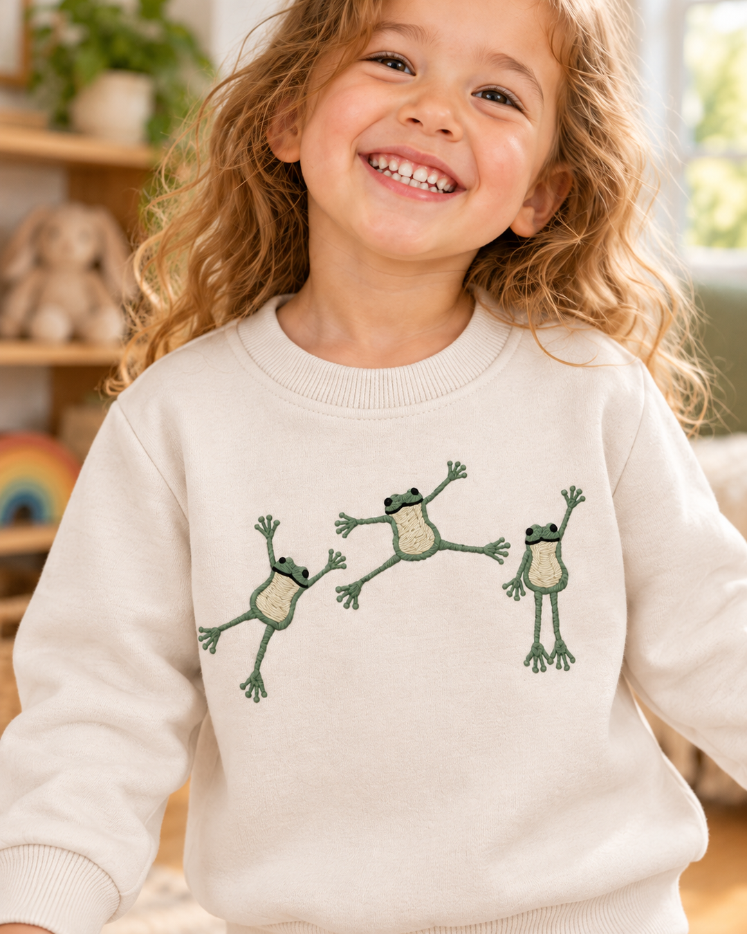 Cute Frog Embroidered Bamboo Crewneck Sweatshirt