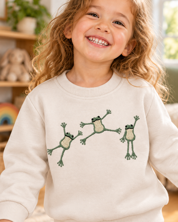 Cute Frog Embroidered Bamboo Crewneck Sweatshirt
