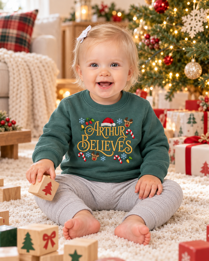 Custom Name Christmas Believes Embroidered Bamboo Crewneck Sweatshirt