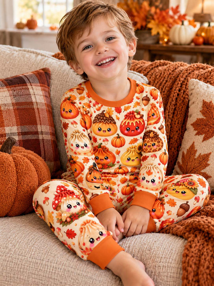 Kawaii Fall Dumpling Pattern Bamboo Two Piece Long Sleeve Pajama Set